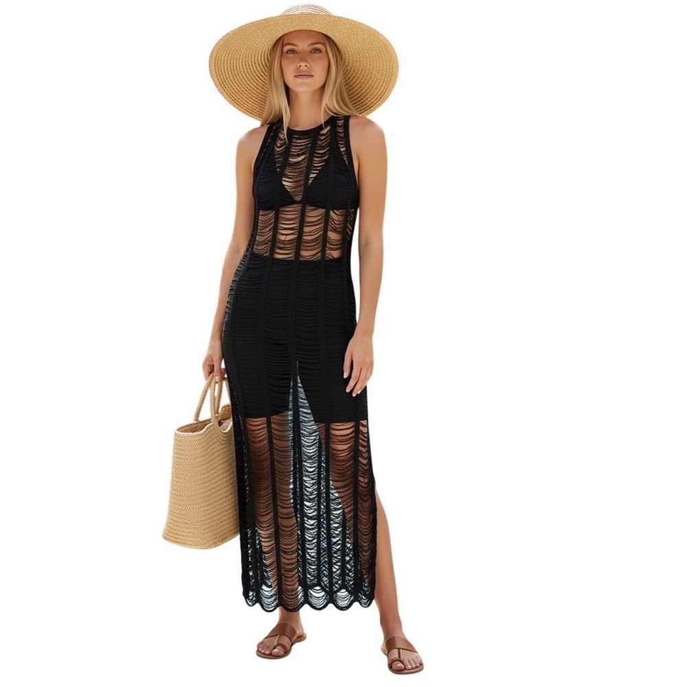 PrettyLittleThing‎ Black Tassel Knit Beach Cover Up Sheer Resort Dress XXL